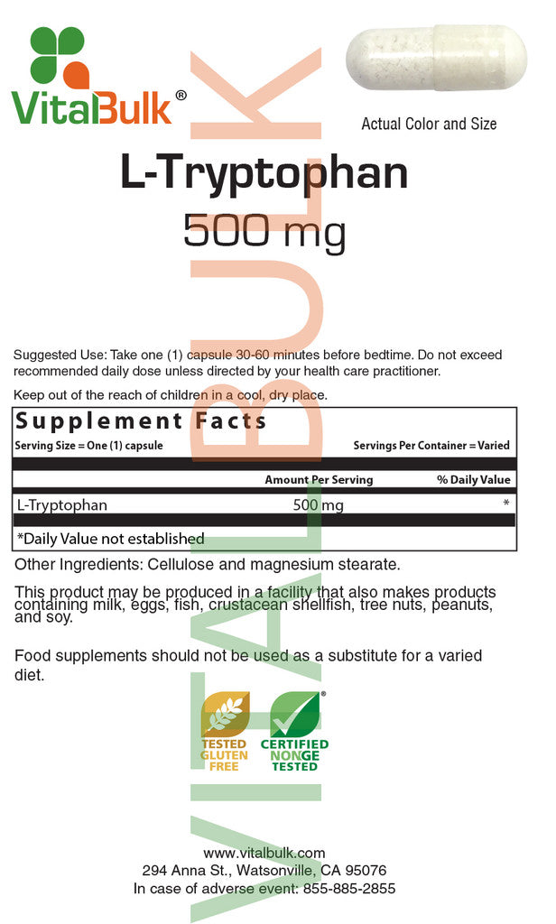 L-Tryptophan 500 mg Capsule - 100 Count Bag