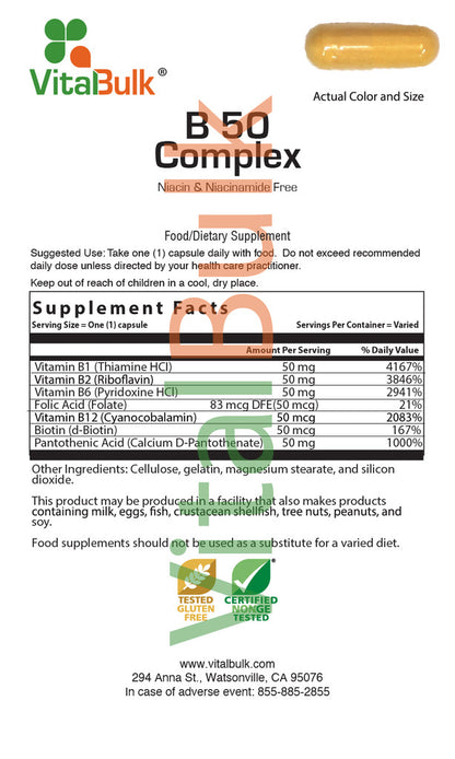 B-50 Complex Capsule Free of Niacin and Niacinamide 100 count bag
