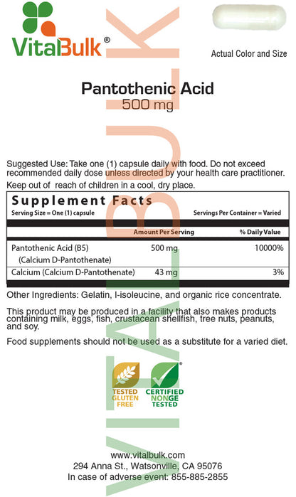 Pantothenic Acid (B-5) 500 mg Capsule - 100 Count Bag