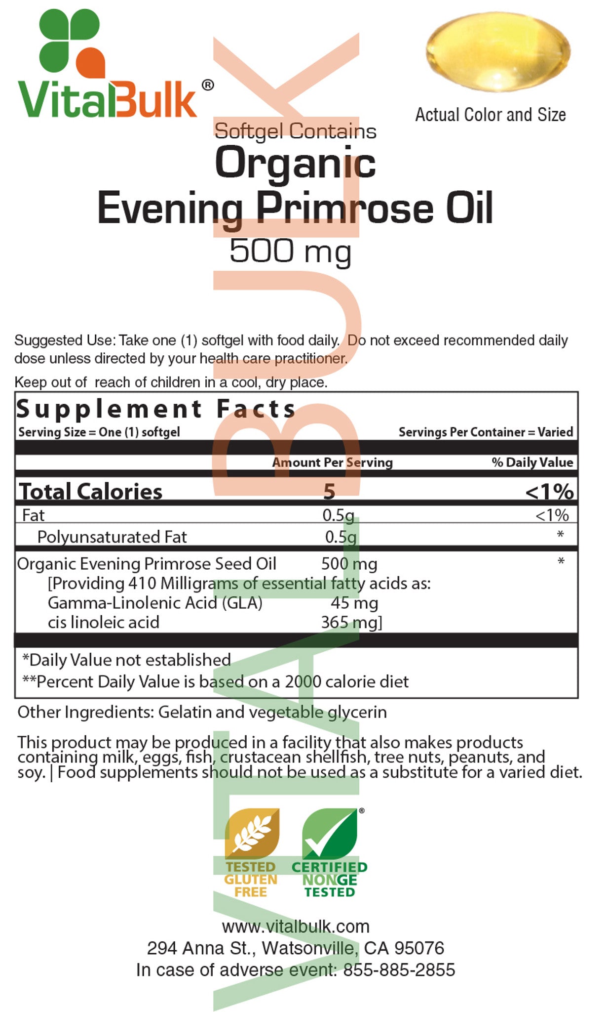 Organic Evening Primrose Oil 500 mg Softgel (100 capsules)